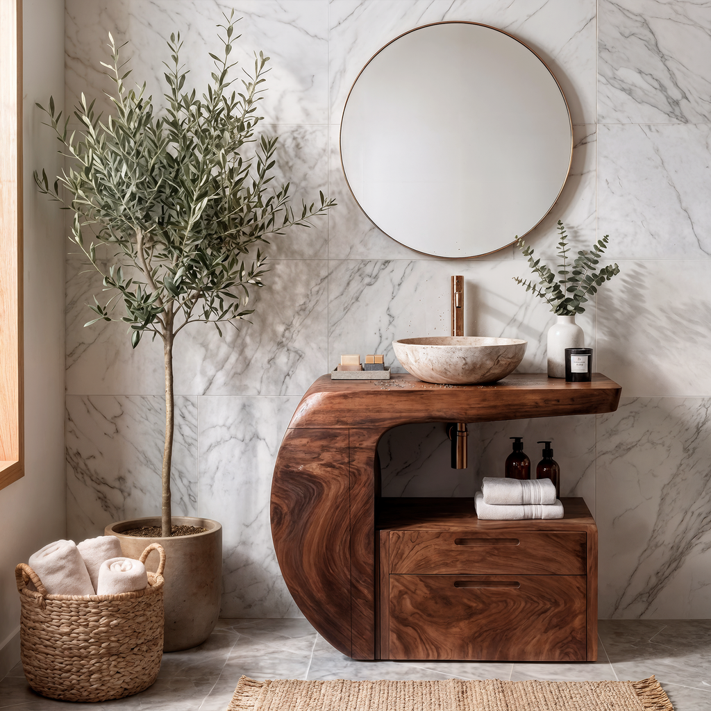 Modern Organic Wooden Bathroom Vanity With Storage Cabinet