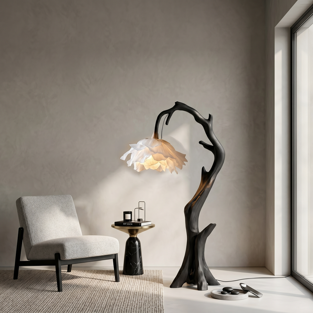 Nature Inspired Flower Floor Lamp With Solid Wood Base