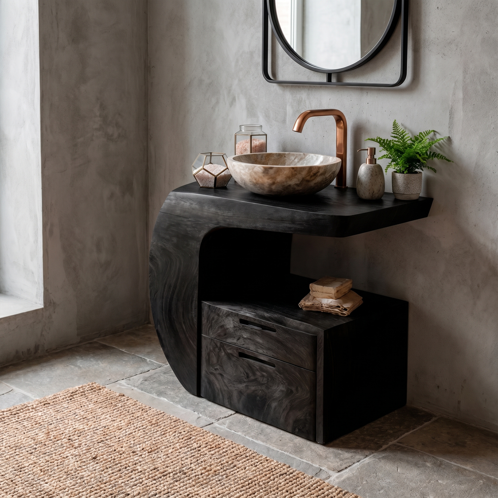 Modern Organic Wooden Bathroom Vanity With Storage Cabinet