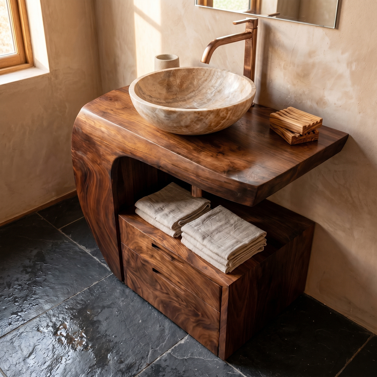 Modern Organic Wooden Bathroom Vanity With Storage Cabinet