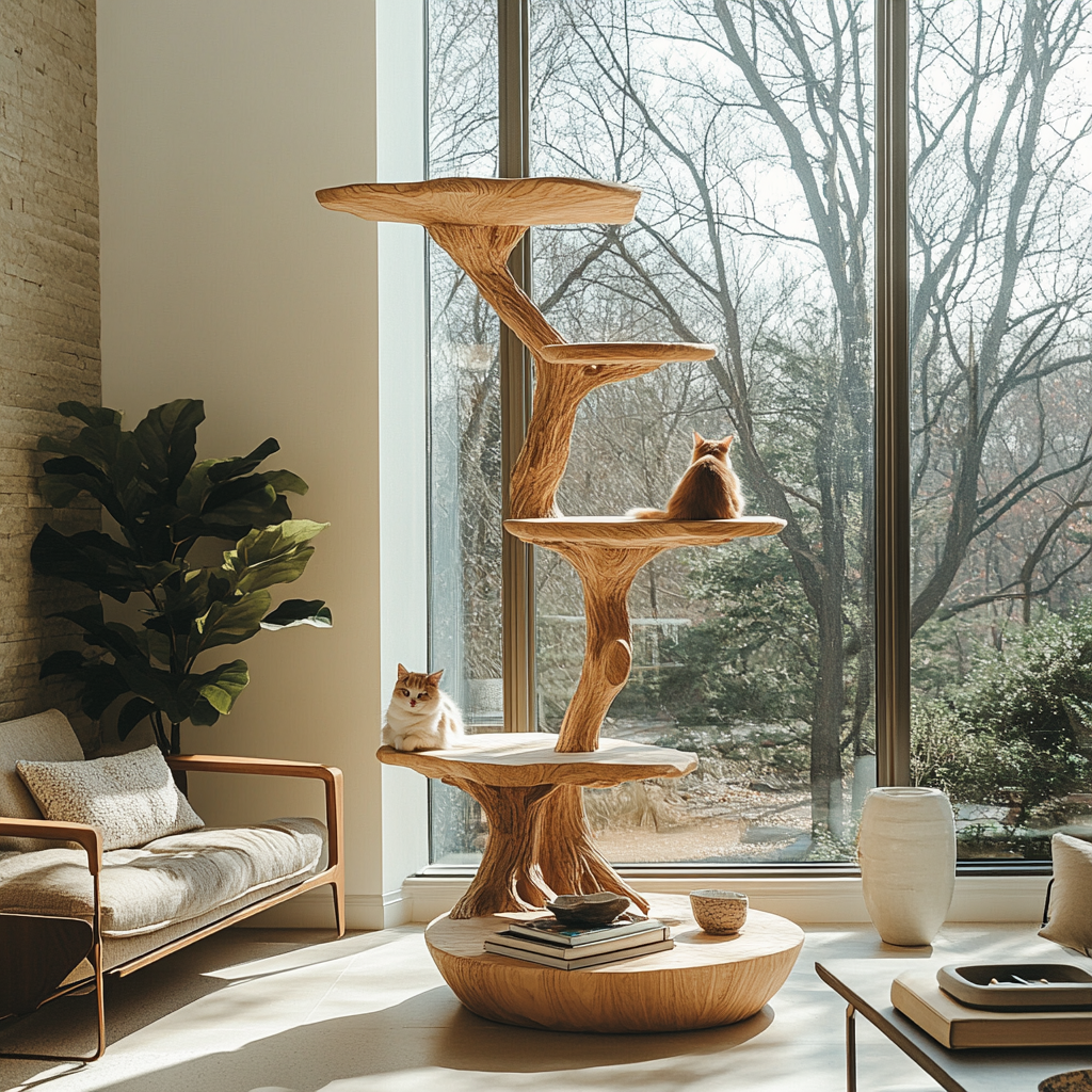 Lignum Sculpted Solid Wood Tree-Inspired Cat Tree Shelf