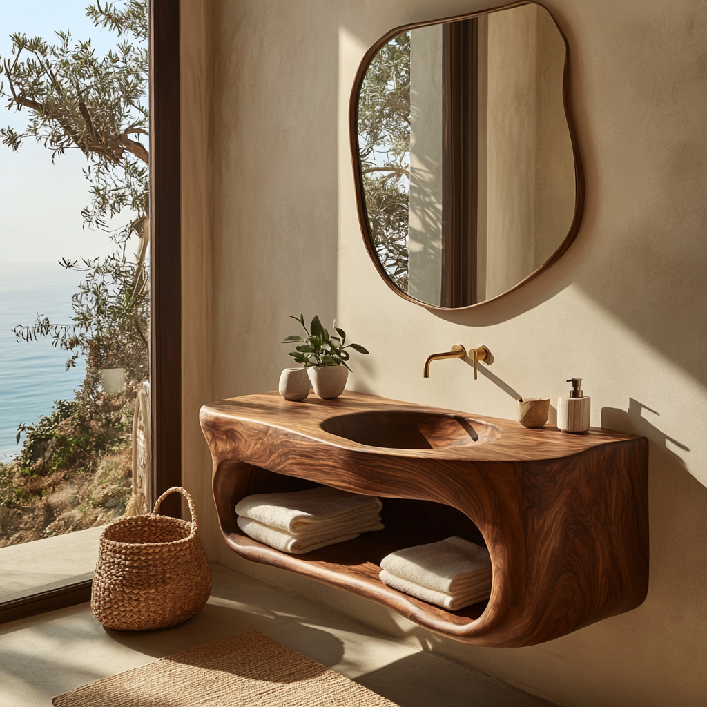Solene Sculpted Solid Wood Floating Bathroom Vanity With Integrated Sink And Open Storage
