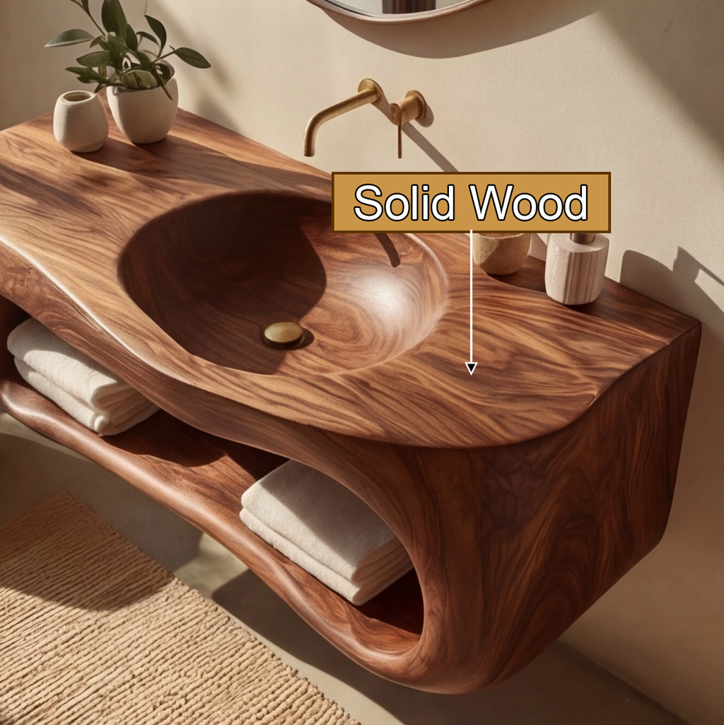 Solene Sculpted Solid Wood Floating Bathroom Vanity With Integrated Sink And Open Storage