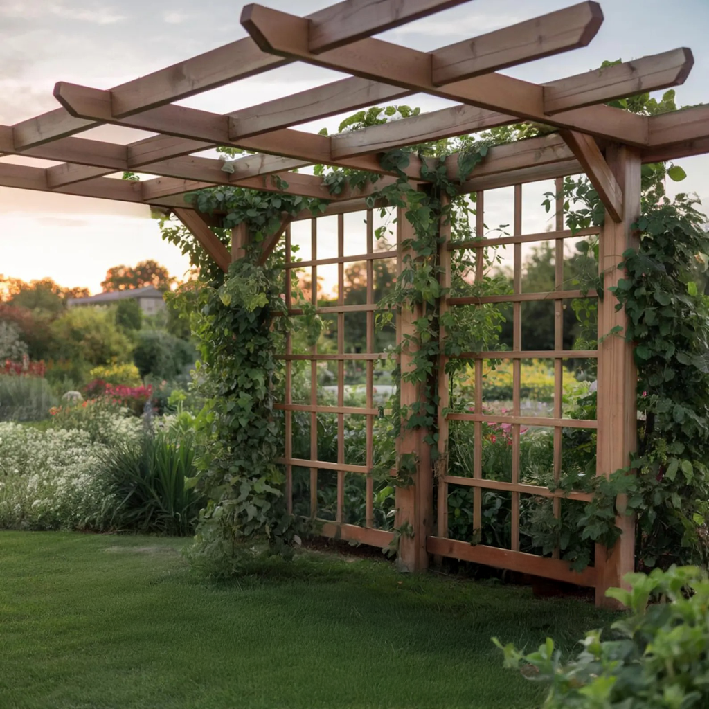 Rustic Handcrafted Outdoor Garden Seating And Trellis For Patio Or Yard
