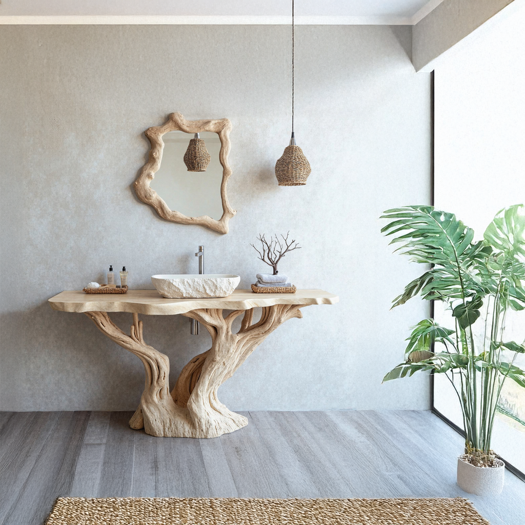 Handcrafted Solid Wood Bathroom Vanity With Natural Finish